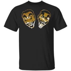 icp merch insane clown posse faces gold foil black shirt with iconic duo graphics