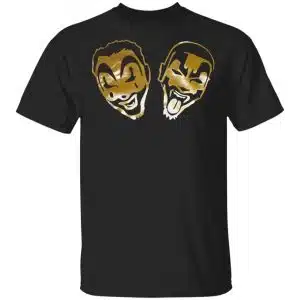 icp merch insane clown posse faces gold foil black shirt with iconic duo graphics