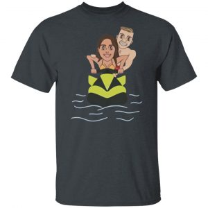 cringe fam merch jetski tee front and back view on model near beach
