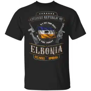 Forgotten Weapons Merch Elbonia T-Shirt – funny black tee with Elbonia design for firearm history fans and YouTube followers