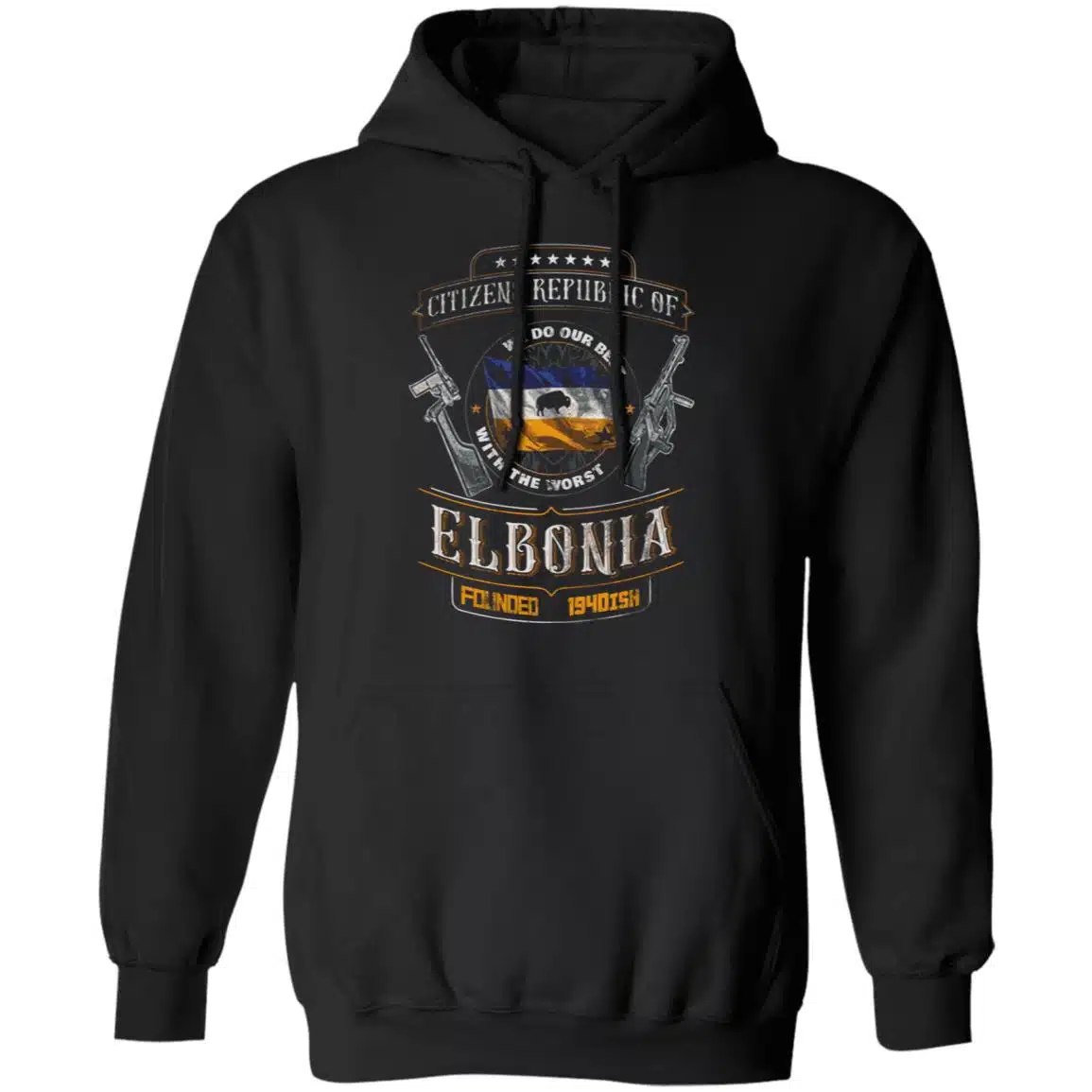 Forgotten Weapons Merch Elbonia T-Shirt – funny black tee with Elbonia design for firearm history fans and YouTube followers