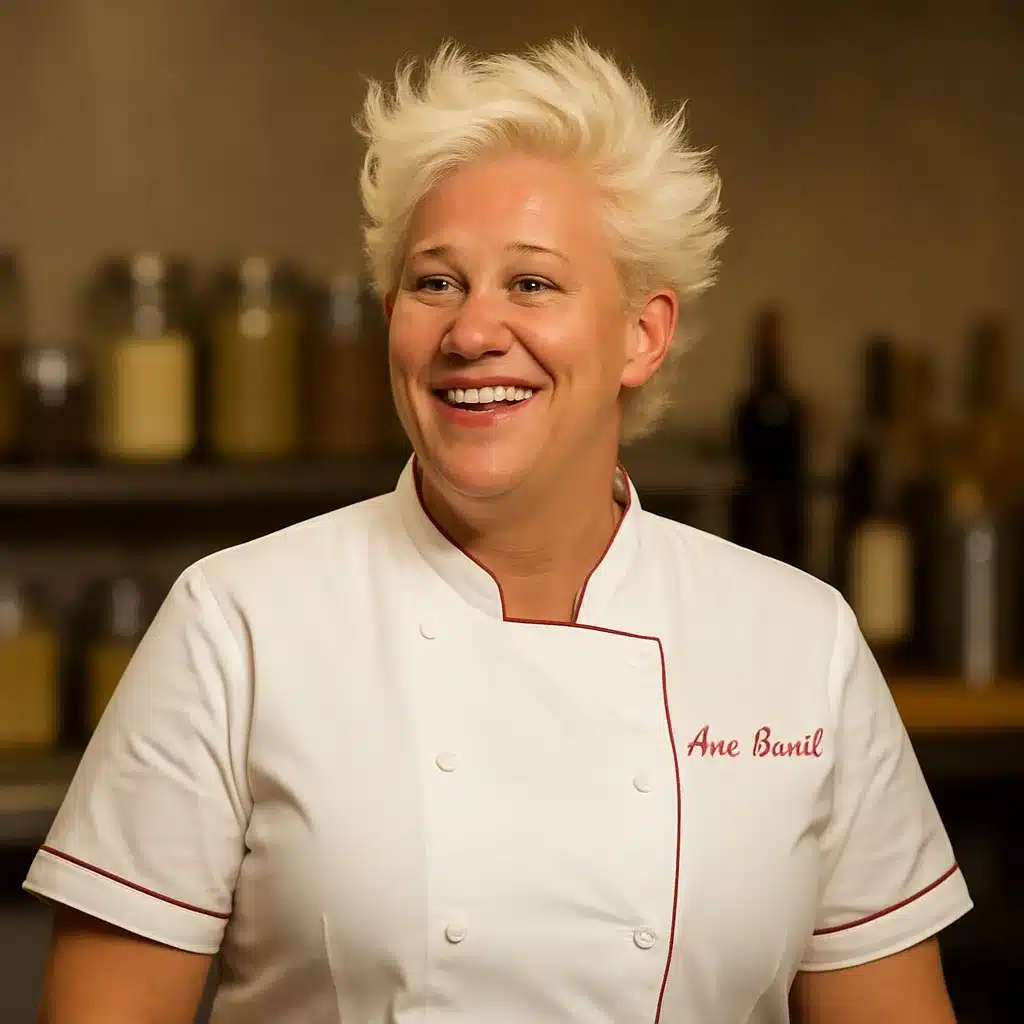 Celebrity chef Anne Burrell in a quiet kitchen moment, reflecting her legacy and the recent news surrounding the anne burrell cause of death.