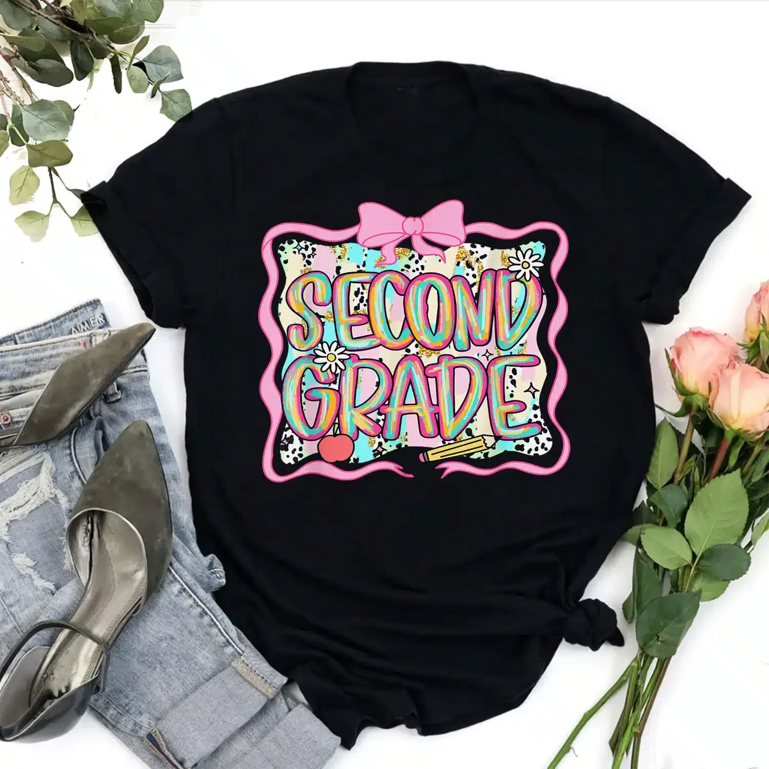 Second Grade Teacher Pink Brushstroke Back to School Spirit Shirt