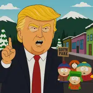 Animated depiction of Donald Trump in South Park style, standing in the town center with main characters reacting, from the Season 27 premiere – trump south park.