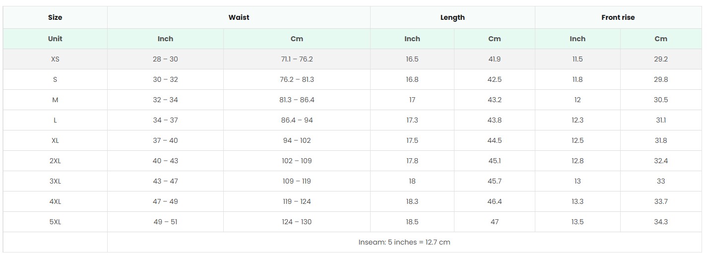 size guide shorts size guide shorts